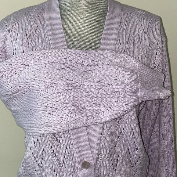 Coquette V Neck Pointelle Knit Cardigan Sweater Lavender Size S - Picture 10 of 13